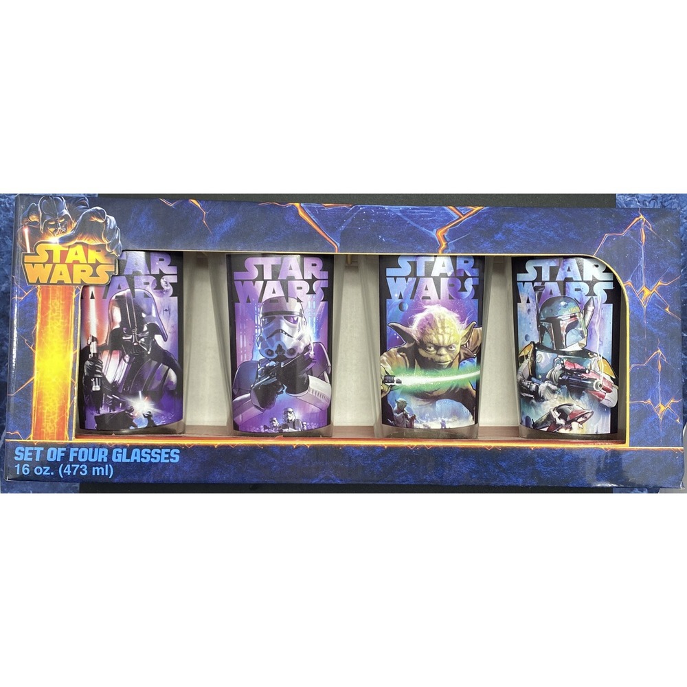 Star Wars Set Of Four Glasses 16oz R2-D2 C-3PO Yoda Darth Vader 2014 Brand New